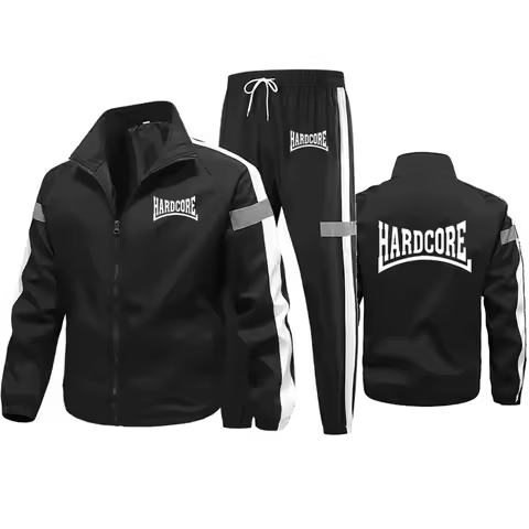 M-6XL Fashion Tracksuit Men Suit Hardcore print Autumn New Zipper Cardigan Jacket+Sweatpants Stripe 