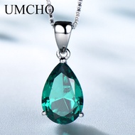 UMCHO 925 Sterling Silver Pendant Necklace for Women Nano Russian Simulated Emerald Gemstone Zircon Chain Necklace for Women