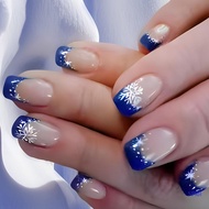 SUP Christmas Short Square False Nails Set Blue White Gradient Snowflake Design Glossy Full Cover fo