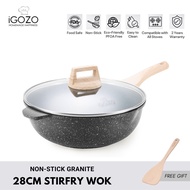 iGOZO 28cm Non-Stick Granite Stirfry Wok with Glass Lid