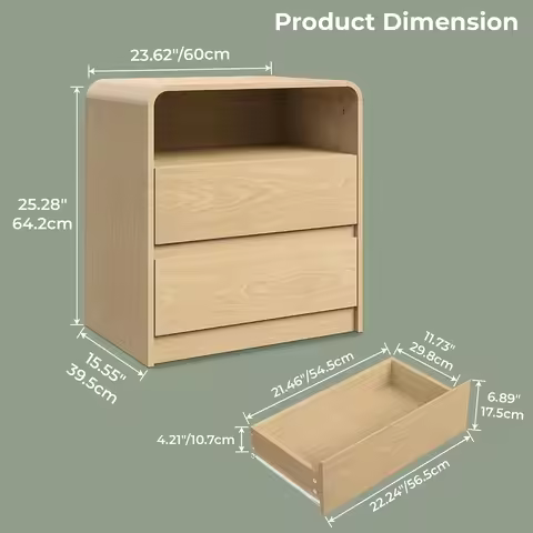Set of 2 24" Wide Mid Century Modern Nightstands, 2 Storage Drawers & Charging Station, Customized