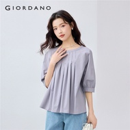 GIORDANO Women Blouses 100% Cotton Poplin Blouses Crewneck Elbow Length Raglan Sleeve Fashion Casual