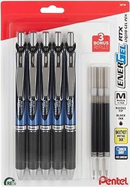 Pentel Energel 0.7 mm Deluxe RTX - Energel Liquid Gel Ink Pens 0.7 mm - Medium Point - Needle Tip - Pack of 5 Black Energel Pens with 3 Refills