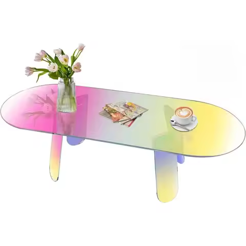 Iridescent Acrylic Coffee Table with PVC Mat, 47 L x 20 W x 14 H, Colorful Living Room Centerpiece