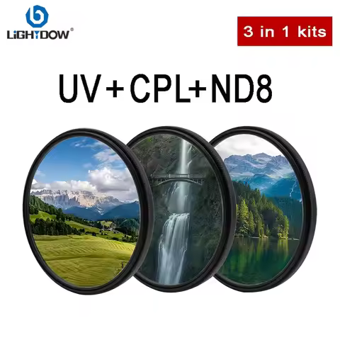 Lightdow Universal UV CPL ND8 3 in 1 Kits Lens Filter 49 52 55 58 62 67 72 77 82mm for Camera Lens F