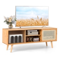 【my】tv console cabinet Costway Modern TV Stand Entertainment Center Media Console w/Rattan Glass Sli