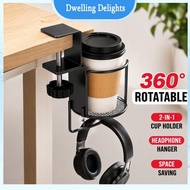 Desk Cup Holder Headphone Hanger Rotating Table Side Storage Rak Meja Office Gaming Setup