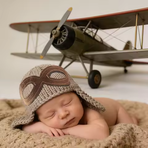 Newborn Baby Pilot Knit Hat with Ear Flaps Infant Boy Photography Prop Aviator Cap Goggles Photoshoo