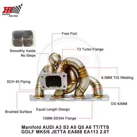 HP RACING T3 Turbo SS304 3mm Thick Manifold For A3 S3 A5 Q5 A6 TT/TTS GO LF MK5/6 JET TA EA888 EA113