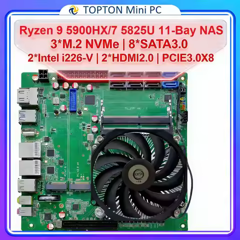 Topton AMD 11-Bay NAS Mini ITX Mainboard Ryzen 9 5900H HX 7 5825U 5600U 3xNVMe 8xSATA 2*2.5G LAN DDR