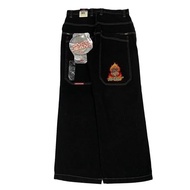 JNCO กางเกงยีนส์สีฟ้าเอวสูงแฟชั่นแนวสตรีทไฮสตรีทพิมพ์ลายกระเป๋าใส่บัตรกางเกงขาทรงกระบอกหลวมลำลองสำหร