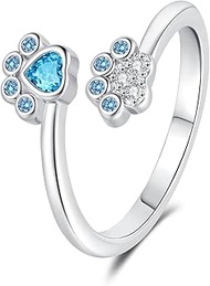 Cat Paw Print Adjustable Open Ring for Women Teens Tiny CZ Expandable Small Finger Knuckle Pinky Rin