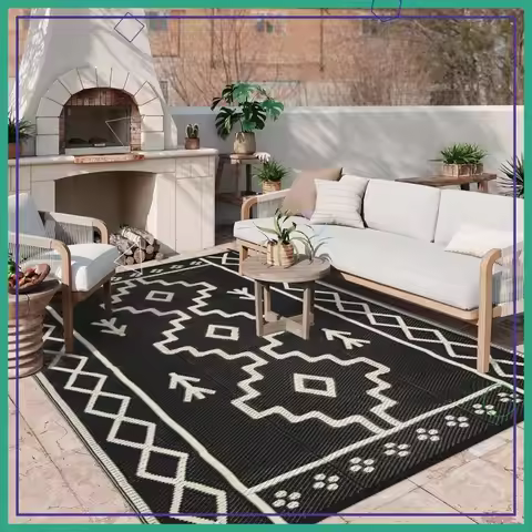 8x10 Waterproof Outdoor Rug, Reversible Black Boho RV Mat, Plastic Straw Patio Carpet for Camping De
