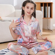 Bộ Pyjama Satin Tween Girl Quần Dài Phối Nút Lụa Kiểu Áo Cardigan Ngắn Tay Thích Hợp Cho Trẻ Em Từ 8