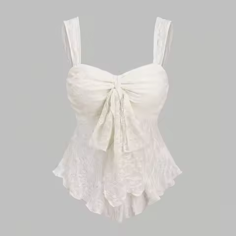 French Style Solid Color Lace Jacquard Cami Vest With Bow Waist Cinching Crop Top Gentle Pure And El