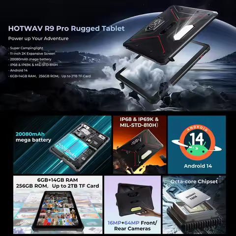 HOTWAV R9 Pro 4G Rugged Tablet 6GB+256GB 20080mAh 11 inch Android 14 Battery Unisoc T606 Octa Core G