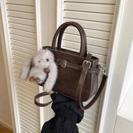 Square Women's Handbag with Decorative Furry Bear - High Quality Suede Crossbody Bag in Luxurious Co