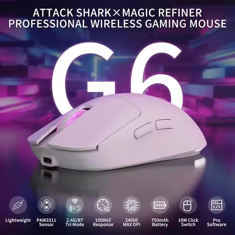G6 Wireless Gaming Mouse, 24000 DPI Adjustable, 72g Lightweight Mouse, 1000Hz Polling Rate, Tir-Mode
