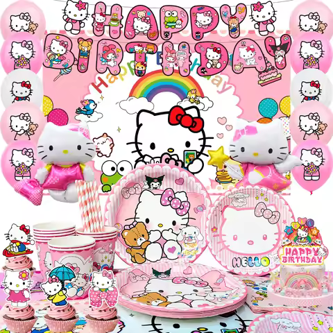 124 Pcs Hello Kitty Party Decorations & Tableware Set - Kitty Plates Backdrop Balloon Banner Etc Hel