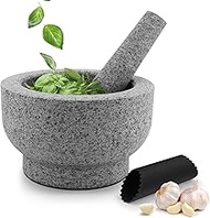 Flexzion Granite Mortar and Pestle Set, 4 Cup Large Mortar and Pestle Molcajete Bowl Stone Grinder Bowl Muddler and Bowl with Garlic Peeler and Non-Slip Mat for Guacamole, Herbs, Spices, Gray