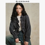 GIORDANO Women Shirts Drawstring Ruffle Oversized Shirts Round Collar Long Sleeve Trendy Fashion Cas