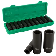 1/2 Inch Hexagonal Long Impact Socket, Specification 8 to 24mm, Total 10 Pieces, Black