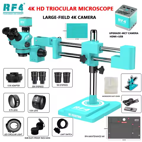 RF4 7050TVW Simul-Focus Double Boom Stand Trinocular Stereo Microscope 2K Large-field 4KC7 HDMI USB 