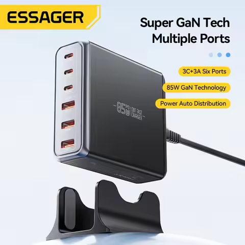 Essager 85W GaN USB Charger6in1 Desktop Fast Charge USB Type C Charger For iPhone17 16 15Pro Xiaomi 