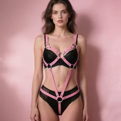 Women's Y2K Sweet-Edgy Pink Faux Leather Body Harness - Punk-Style Metal Buckle Y2K Girl Lingerie Bo