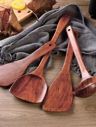 4 件套木質炊具套裝,防刮不粘,非常適合家庭廚房,包括鍋鏟、開槽鍋鏟、長柄湯勺和飯勺