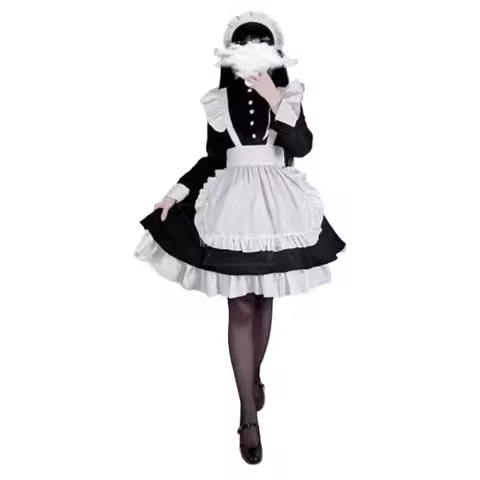 Knee Length Dress Lolita Black Maid Halloween Costume Women Teen Girls Servant Ouji Kodona Waitress 