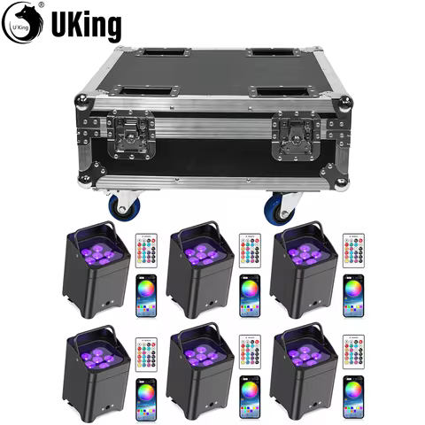 U'King 6Pcs 6X18W LED RGBWA+UV Rechargeable Battery Par Lights With Rechargeable Flightcase Set For 
