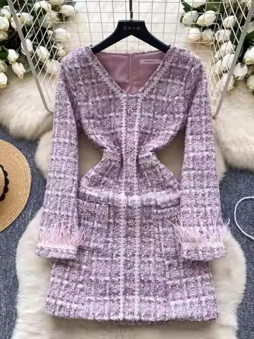 Runway Brand Autumn Winter Mini Short Tweed Dress Women Feathers Long Sleeve Pocket Woolen Plaid Par