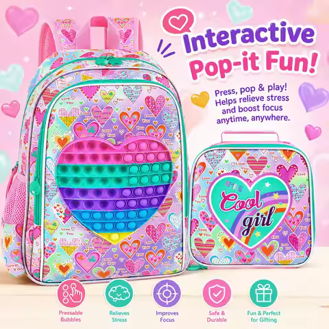 3Pcs Pop It Fidget Backpack Set for Girls with Lunch Box Pencil Case Pom Pom Keychain Children Schoo