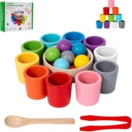 Rainbow Balls in Cups Toddler Toys - Safe Size & Non-Toxic Materials,Kids O Ball Sorting & Stacking 