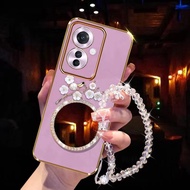 2024 New phone Casing OPPO Reno11 F 5G OPPOReno11F Reno11F Reno 11 F 11F Handphone Case with 3D Flowers Mirror + Pearl Bracelet Cover for Girls Phone Case