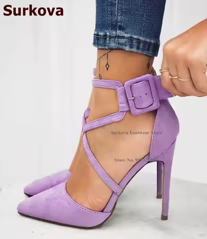Surkova Purple Pink Suede Cross Strap Party Shoes Big Square Buckle Stiletto Heel Dress Pumps Concis