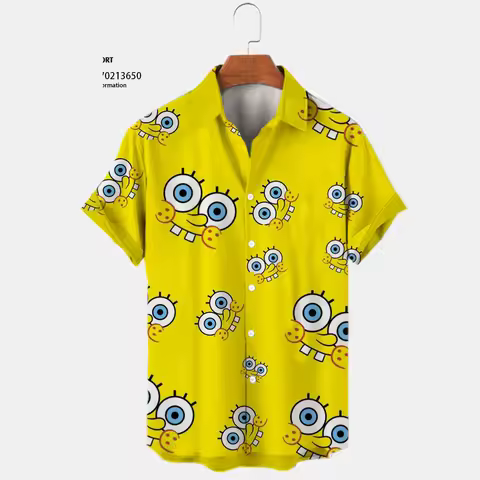 2024 Summer New Harajuku Casual Shirt Cute Spongebob Anime Street Trend Versatile Men's Lapel Short 