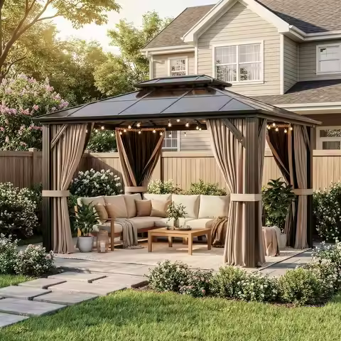 10'x12' Hardtop Gazebo, Outdoor Polycarbonate Roof Canopy, Aluminum Frame Permanent Pavilion with Cu