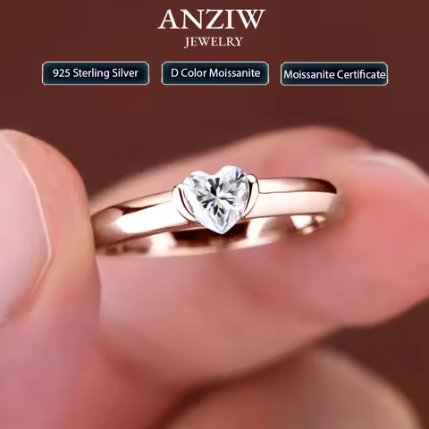 Anziw Rose Gold Color 0.5ct Heart Shaped Moissanite Solitaire Engagement Ring Silver 925 for Women P
