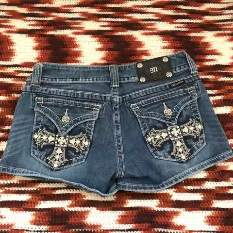 Y2K Miss Me Micro Mini Short Baddie Low Rise Denim Jean Shorts Cross Rhinestone 2025 New Gothic Jean