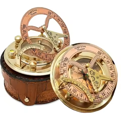 Personalized Engraved Antique Brass and Copper Sundial Compass Sundial Clock in Leather Box Gift Sun