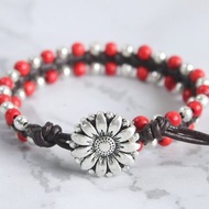 美麗的紅珊瑚皮革雛菊花手鍊女性最好的朋友禮物