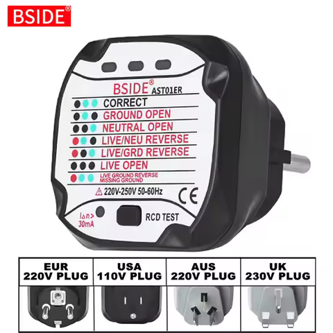 BSIDE AST01 Electric Socket Tester EU US UK AU Plug RCD GFCI Test Outlet Ground Zero Line Plug Polar