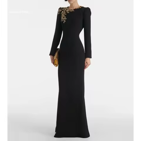 Contessa Dubai Elegant Round Neck With Waist PromDresses Shoulder Rhinestone Long Sleeveفساتين سهرات