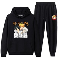 The Promised Neverland Men Hoodie Pant Set Anime Character Print Plus Velvet Long-sleeved Hooded Sweater Pants Suit Men's Casual Suit