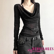 Demonlores-Women Fall Shiny Rhinestone Cowl Neck Long Sleeve Slim Fit Sheer T-Shirt