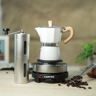 KAMPING (ชุด4 ชิ้น)หม้อต้มกาแฟสด มอคค่าพอท moka pot 3cup + เตาไฟฟ้ามินิ 500W + เครื่องบดมือหมุน + ช้
