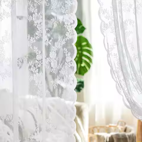 White Lace Curtains 84 Inches Long for Living Room Bedroom, Scalloped Sheer Curtains Rose Floral Emb