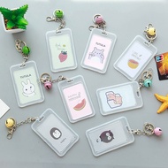 Double-sided Transparent Card Case Cute Cartoon Bus Protective with Bell Lanyard Keychain Hard Shell